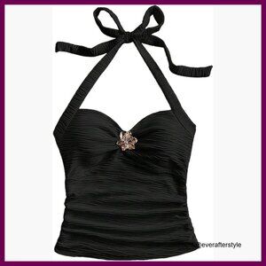 V Neck Halter Top Open Back Ruched Floral Metal Decor Summer Cami